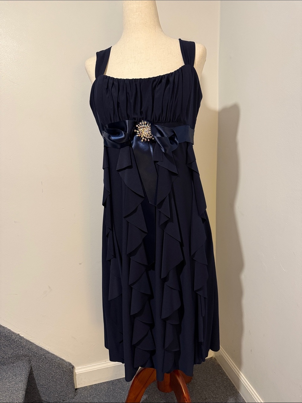 Cache Navy Ruffle Empire-Waist Cocktail Dress